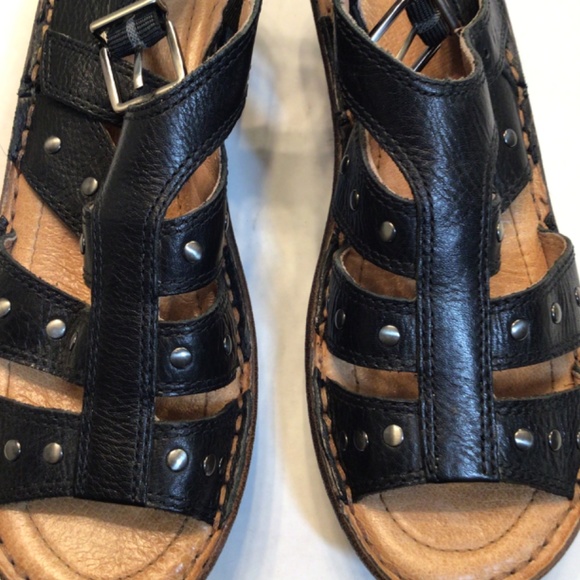 Nurture Black Leather Wedge Sandals Studded Shoes - Picture 6 of 11